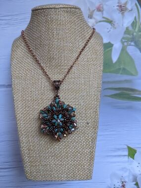 Turquoise Floral Statement Pendant Necklace in Copper Tone